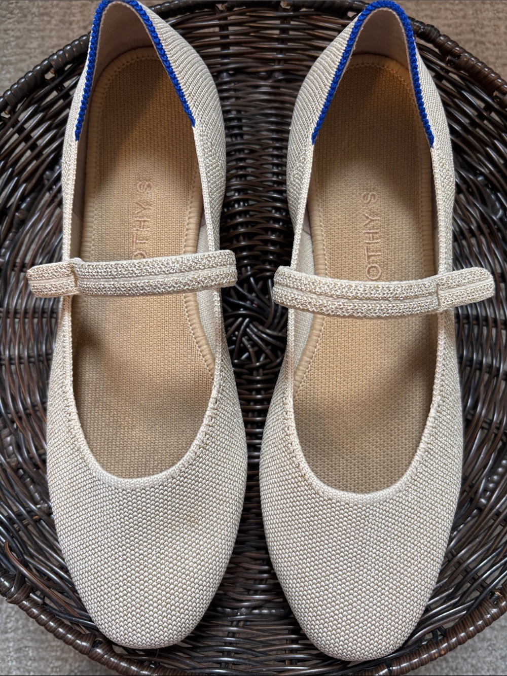 ROTHY’S Cream with gold flecks and blue trimMary Jane Knit Flats with Blue Trim